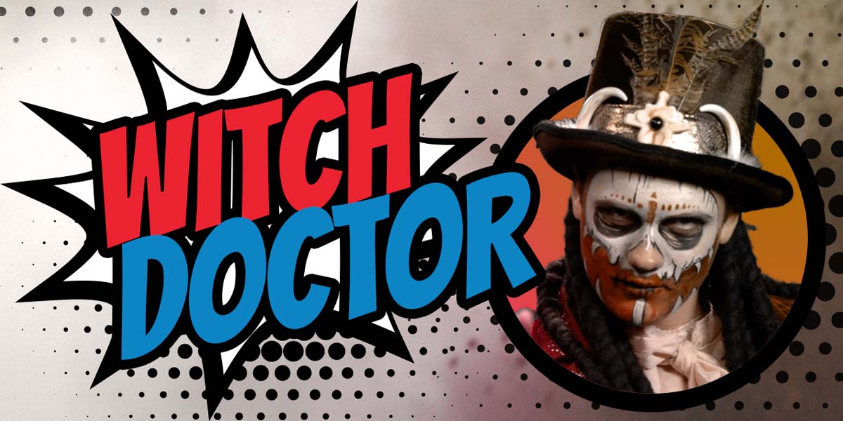 Witch Doctor Costume Makeup Tutorial banner image in blue and red