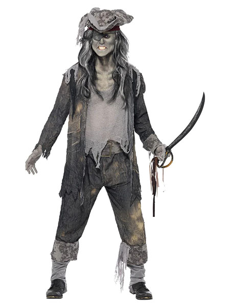 halloween costume of a grey tattered pirate outfit
